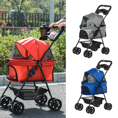 Pet strollers in red, gray, and blue with a dog inside, outdoors.