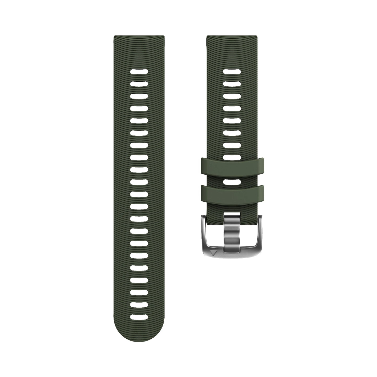 Green watch strap with silver buckle on a white background