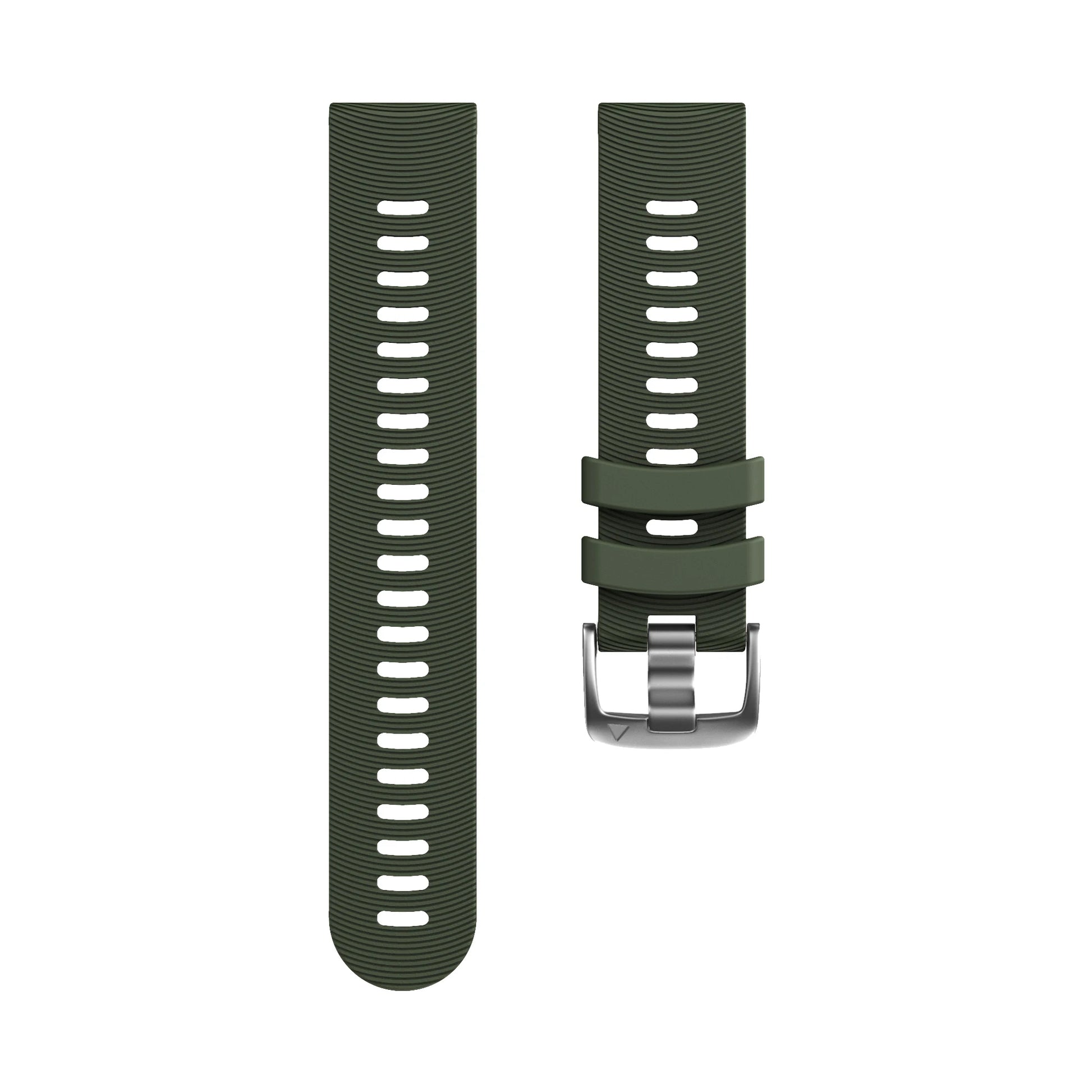 Green watch strap with silver buckle on a white background