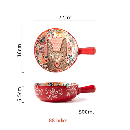 Cute Rabbit Hand-Painted Ceramic Bowl – Underglaze Soup, Noodle & Fruit Salad Bowl