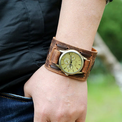 Men's Watches Punk Retro Decorative Wide Strap Watch Male Reloj Clock Leather Bracelet Quartz Military Man WristWatch - BeeTrendyShop.COM