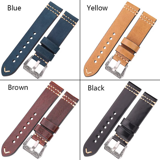Handmade Watchband 20mm 22mm 24mm Genuien Leather Watch Band Strap 4 Colors Cowhide Watch Accessories Retro Steel Buckle
