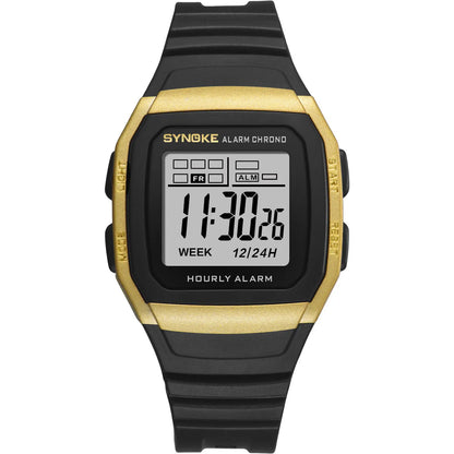 Digital watch with black and gold design on a white background
