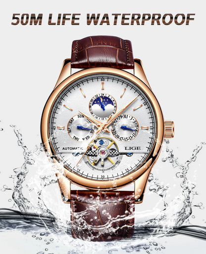 LIGE Tourbillon Automatic Mechanical Watch – 50M Waterproof, Date & Week Display