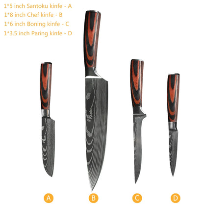 Chef Knife Set – Laser Damascus Pattern Japanese Santoku, Cleaver & Utility Knives (1-10pcs)
