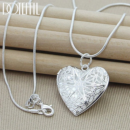 925 Sterling Silver Photo Frame Heart Pendant Necklace – Snake Chain for Women