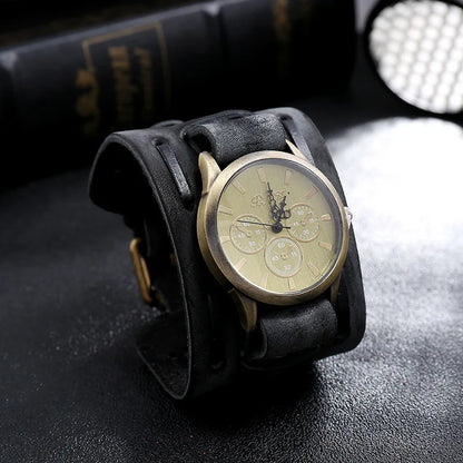 Men's Watches Punk Retro Decorative Wide Strap Watch Male Reloj Clock Leather Bracelet Quartz Military Man WristWatch - BeeTrendyShop.COM