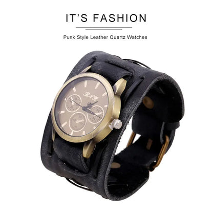 Men's Watches Punk Retro Decorative Wide Strap Watch Male Reloj Clock Leather Bracelet Quartz Military Man WristWatch - BeeTrendyShop.COM