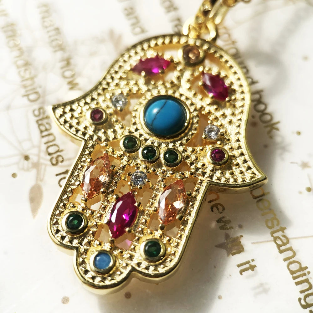 Hand of Fatima 925 Sterling Silver Turquoise Charm Necklace