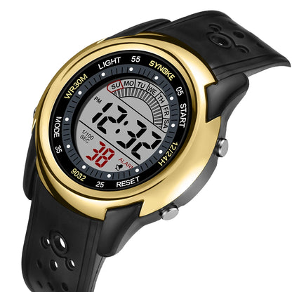 Digital watch with black strap and gold bezel on a white background