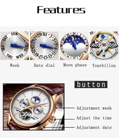 LIGE Tourbillon Automatic Mechanical Watch – 50M Waterproof, Date & Week Display