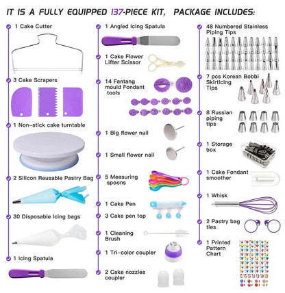 137-Piece Cake Decorating Set with Turntable – Piping Nozzles, Bags & Baking Tools