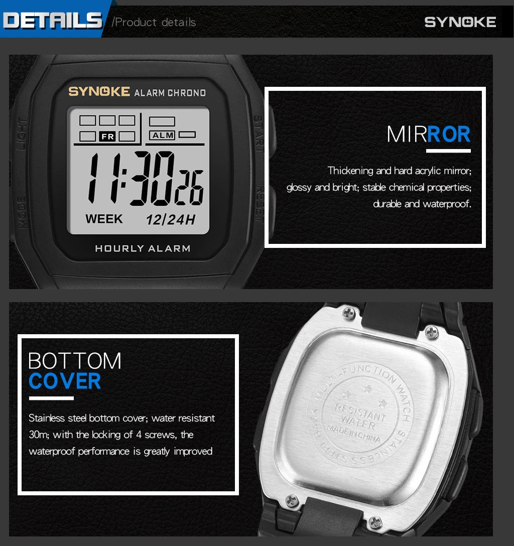 Men Digital Sports Watches, LED Display Timer 12/24 hours Digital Electronic Wristwatch Waterproof Clock