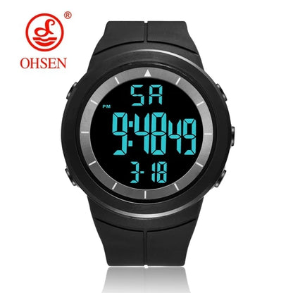 Black digital watch with blue screen on a white background, featuring the OHSEN brand.