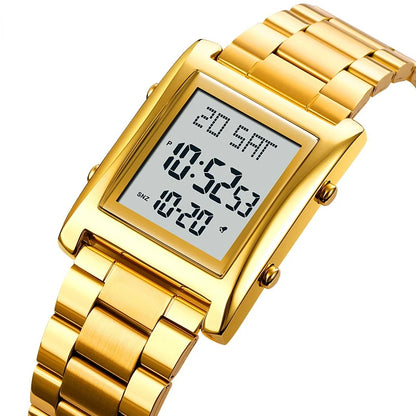 Gold digital watch with a white background