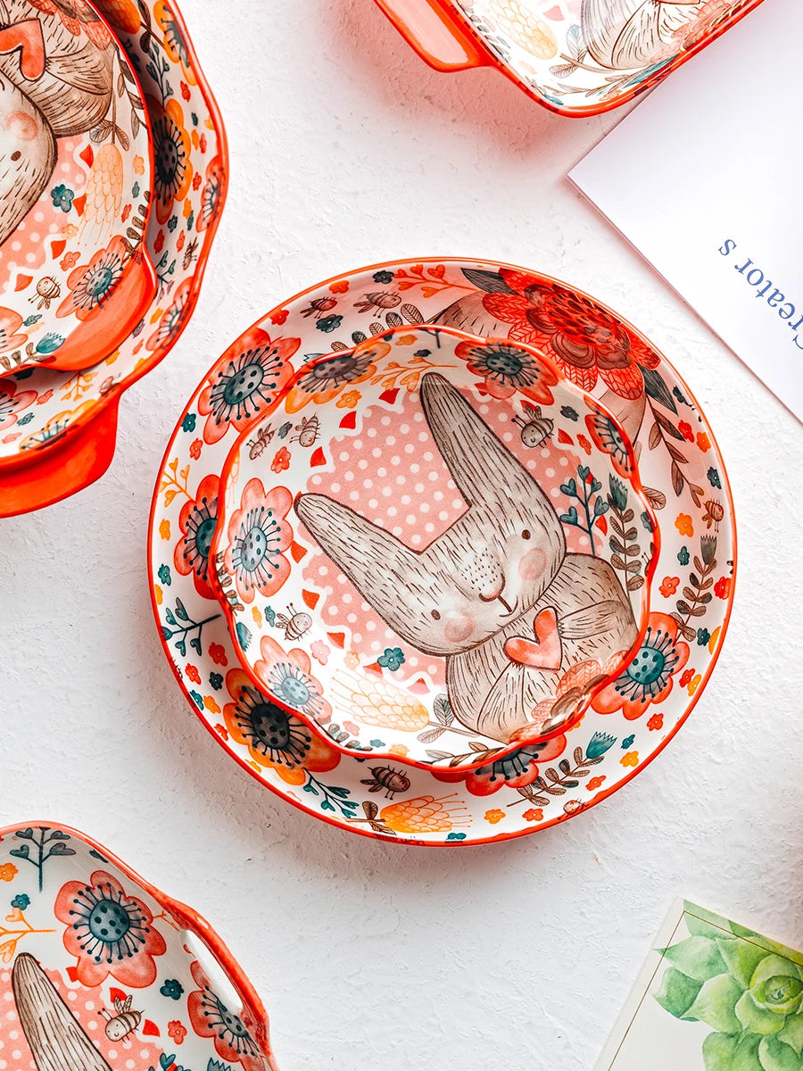 1pc/cute rabbit hand-painted bowl and plate underglaze ceramic household soup bowl commercial hotel noodle bowl fruit salad bowl