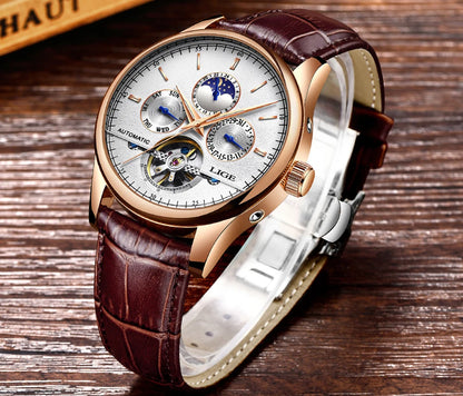 LIGE Tourbillon Automatic Mechanical Watch – 50M Waterproof, Date & Week Display