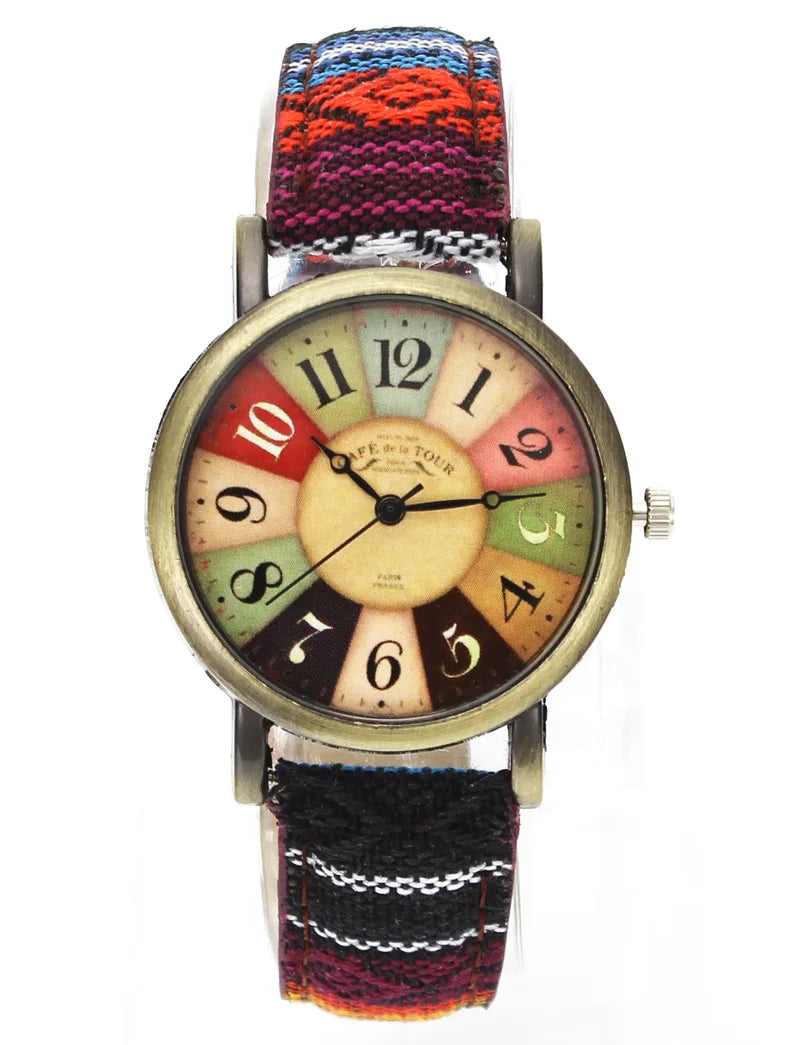 Colorful watch with a multicolored strap on a white background