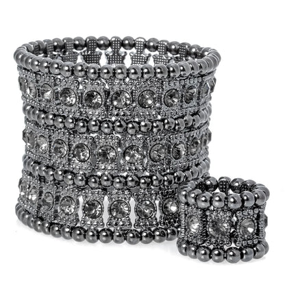 Crystal Multilayer Stretch Bracelet & Ring Set – Wedding Bridal Jewelry for Women