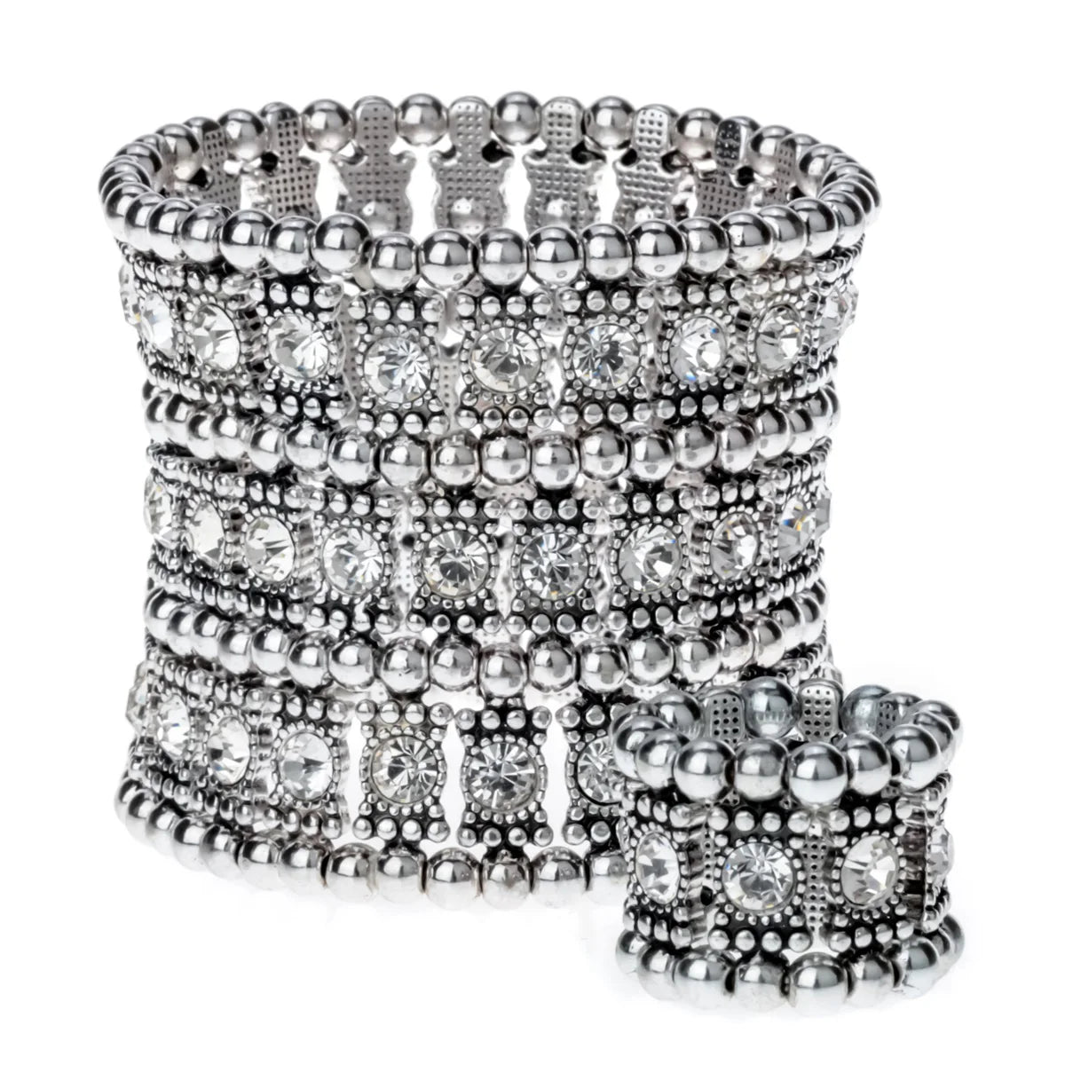 Crystal Multilayer Stretch Bracelet & Ring Set – Wedding Bridal Jewelry for Women