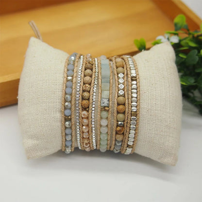 Amazonite 5-Wrap Boho Bracelet – Stainless Steel Chain for Women & Men