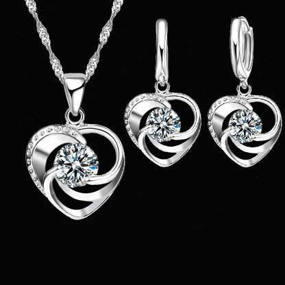 Heart Zircon Necklace & Earrings Set – Silver Tone Romantic Jewelry for Women