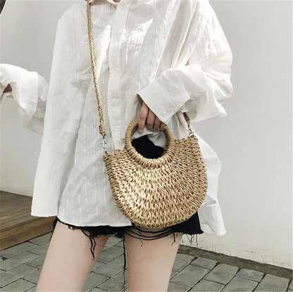 Yogodlns Handmade Half-Round Rattan Woven Straw Bag Summer Women Messenger Crossbody Bags Girls Small Beach Handbag New - BeeTrendyShop.COM