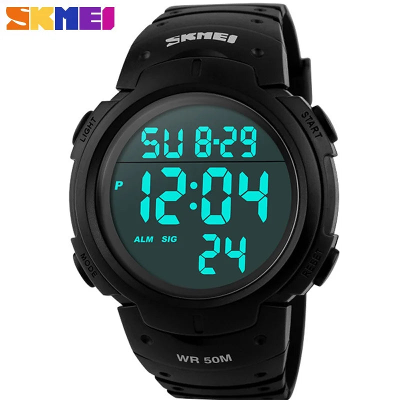 Black digital watch with blue screen displaying time and date on a white background, brand 'SKMEI' visible.
