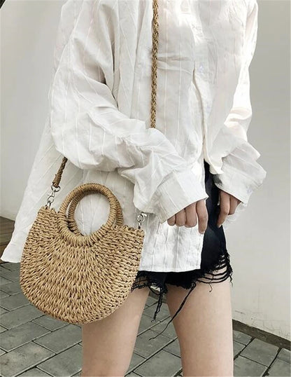 Yogodlns Handmade Half-Round Rattan Woven Straw Bag Summer Women Messenger Crossbody Bags Girls Small Beach Handbag New - BeeTrendyShop.COM