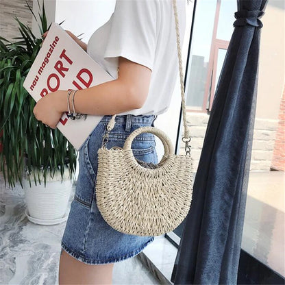 Yogodlns Handmade Half-Round Rattan Woven Straw Bag Summer Women Messenger Crossbody Bags Girls Small Beach Handbag New - BeeTrendyShop.COM