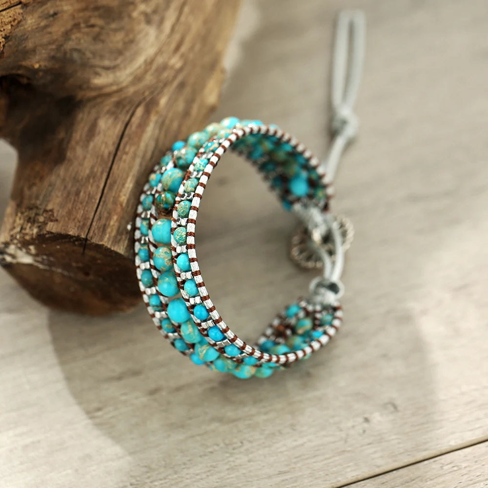 Handmade Blue Turquoise Wrap Bracelet – Adjustable Boho Jewelry for Women & Men
