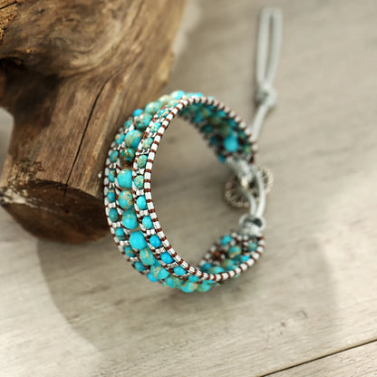 Handmade Blue Turquoise Wrap Bracelet – Adjustable Boho Jewelry for Women & Men