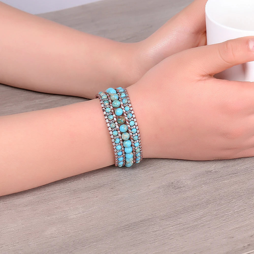Handmade Blue Turquoise Wrap Bracelet – Adjustable Boho Jewelry for Women & Men