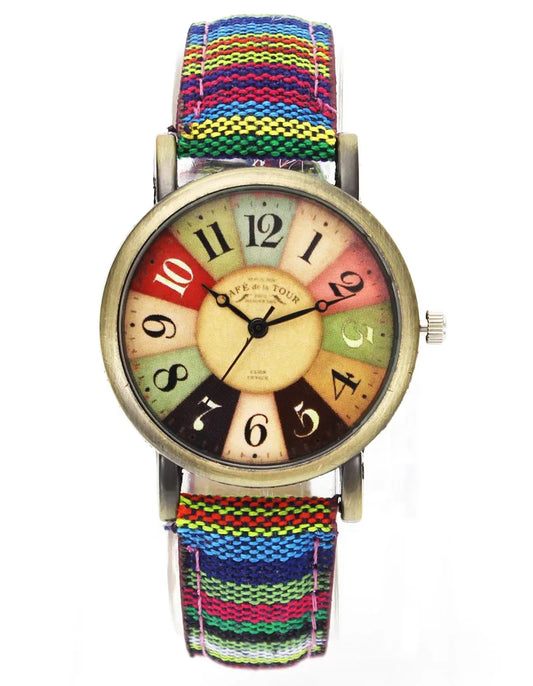 Colorful watch with a multicolored strap on a white background
