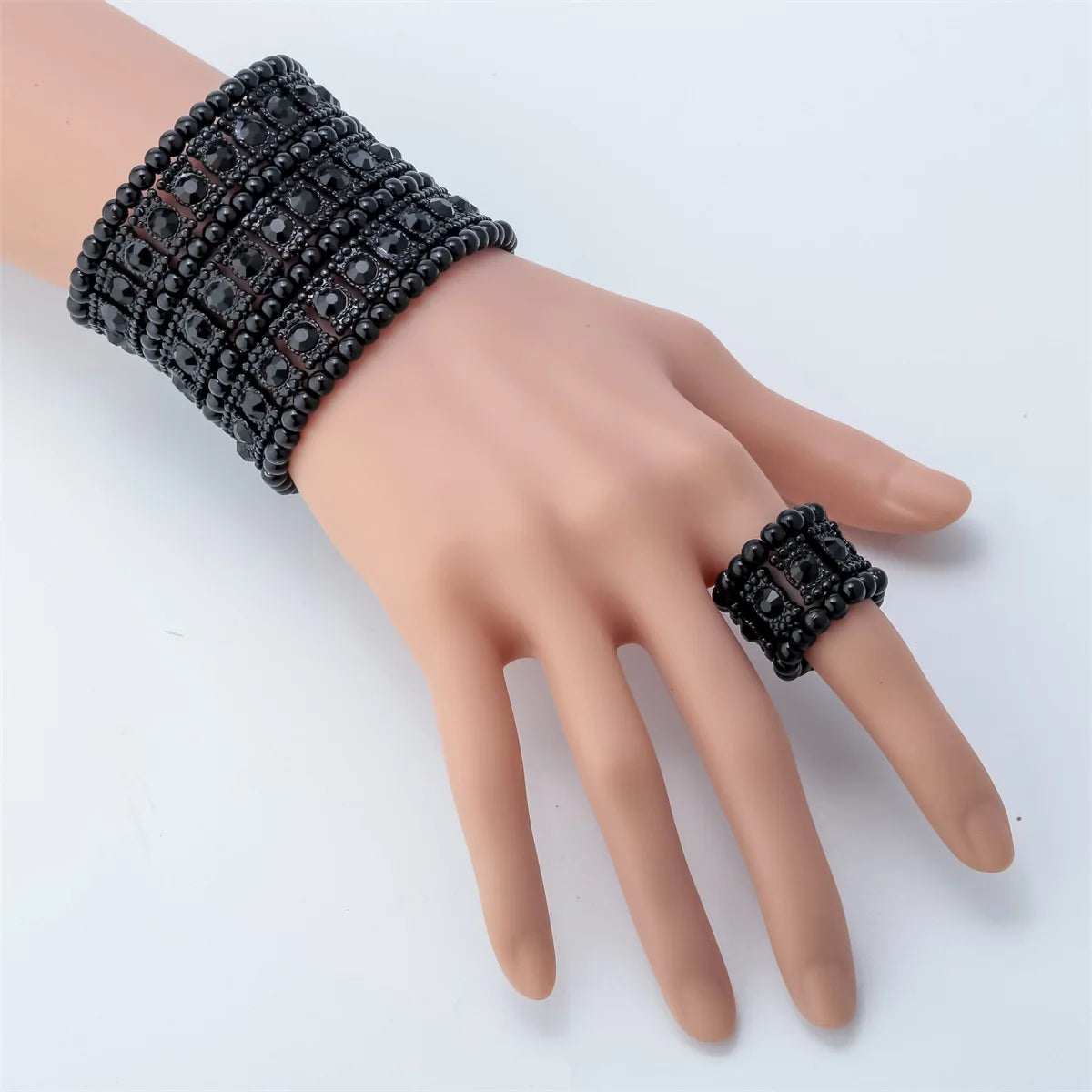 Crystal Multilayer Stretch Bracelet & Ring Set – Wedding Bridal Jewelry for Women
