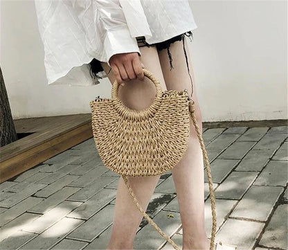 Yogodlns Handmade Half-Round Rattan Woven Straw Bag Summer Women Messenger Crossbody Bags Girls Small Beach Handbag New - BeeTrendyShop.COM