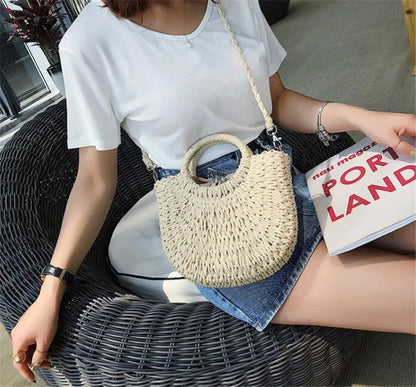 Yogodlns Handmade Half-Round Rattan Woven Straw Bag Summer Women Messenger Crossbody Bags Girls Small Beach Handbag New - BeeTrendyShop.COM