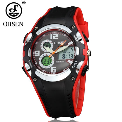 Black and red OHSEN watch with digital and analog display on a white background
