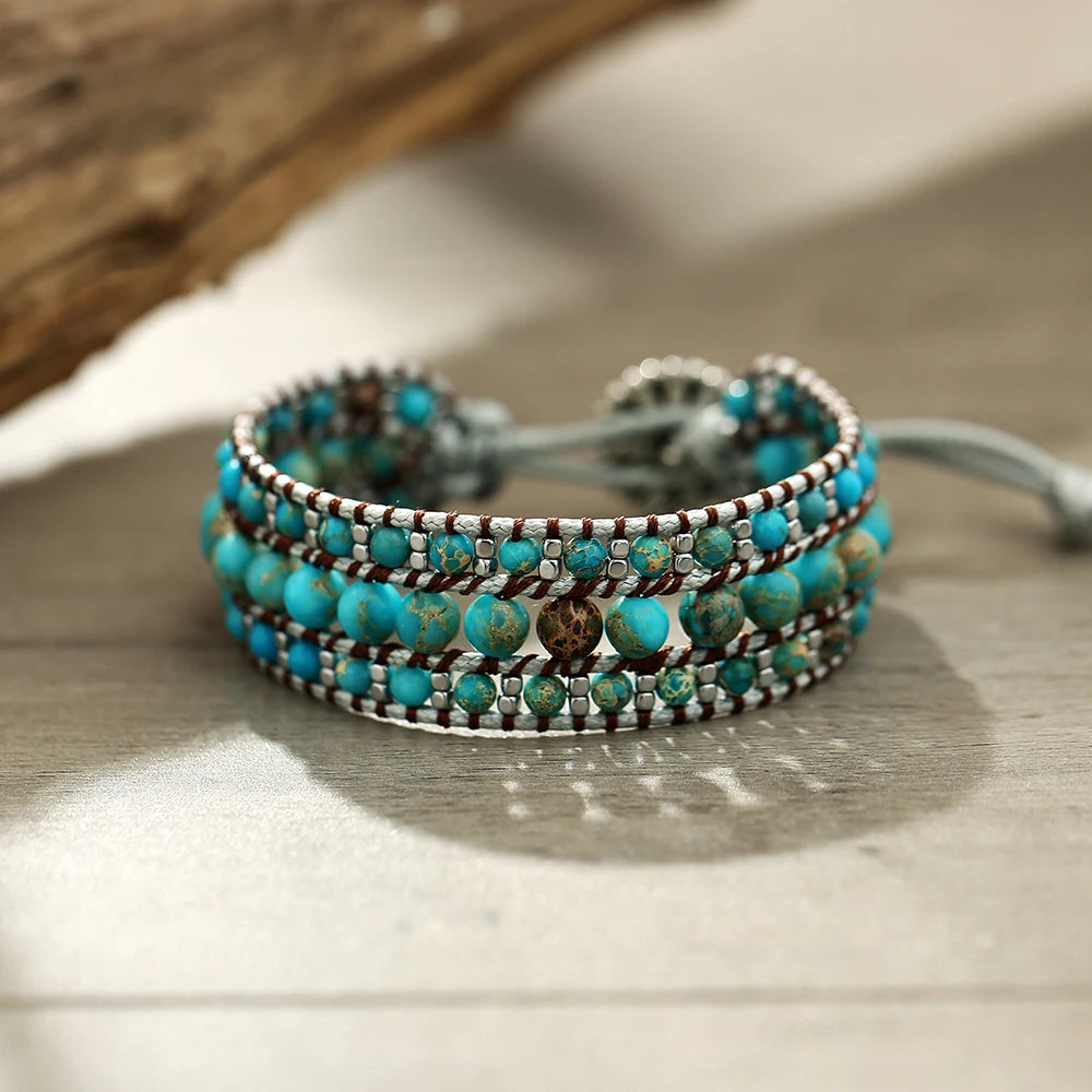 Handmade Blue Turquoise Wrap Bracelet – Adjustable Boho Jewelry for Women & Men