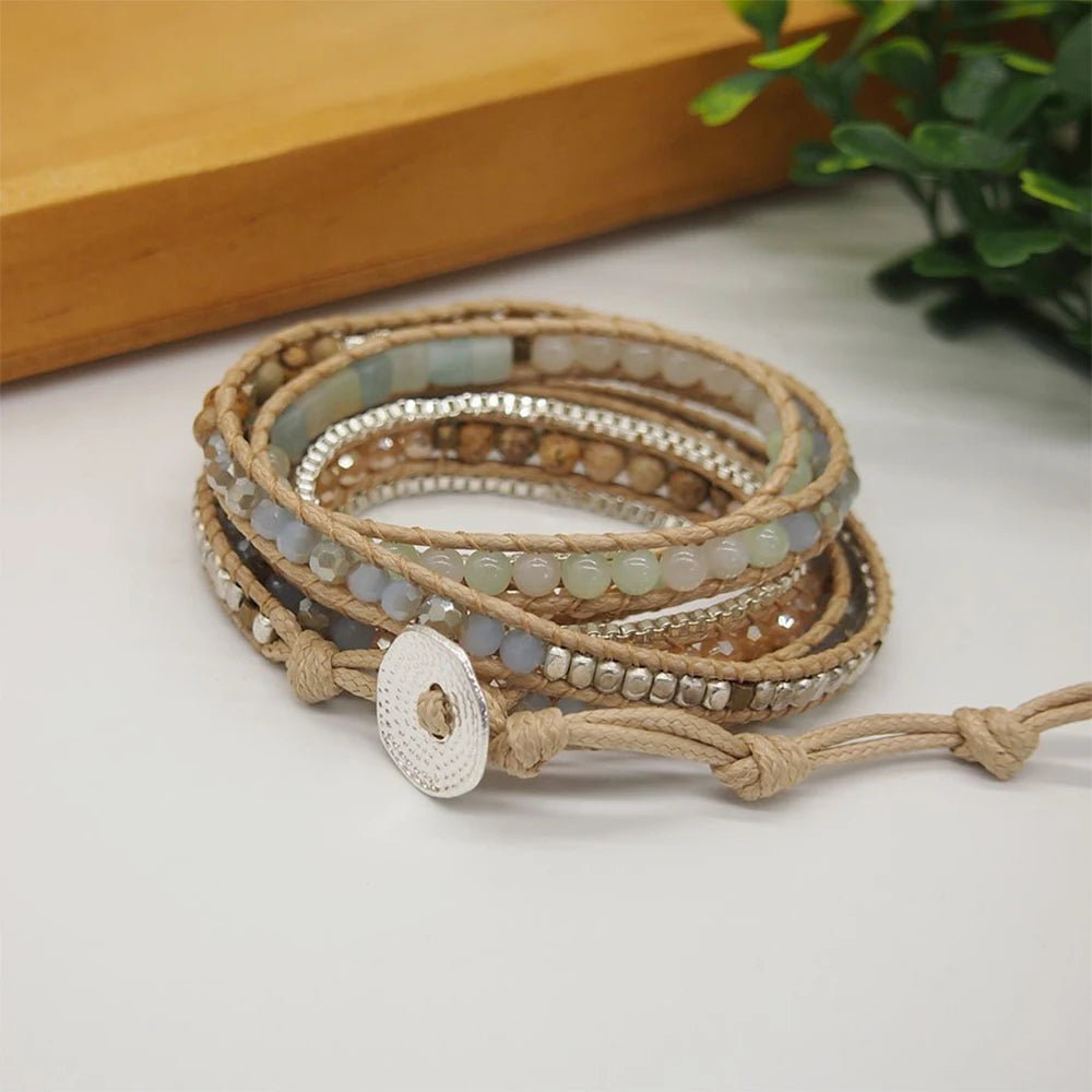 Amazonite 5-Wrap Boho Bracelet – Stainless Steel Chain for Women & Men