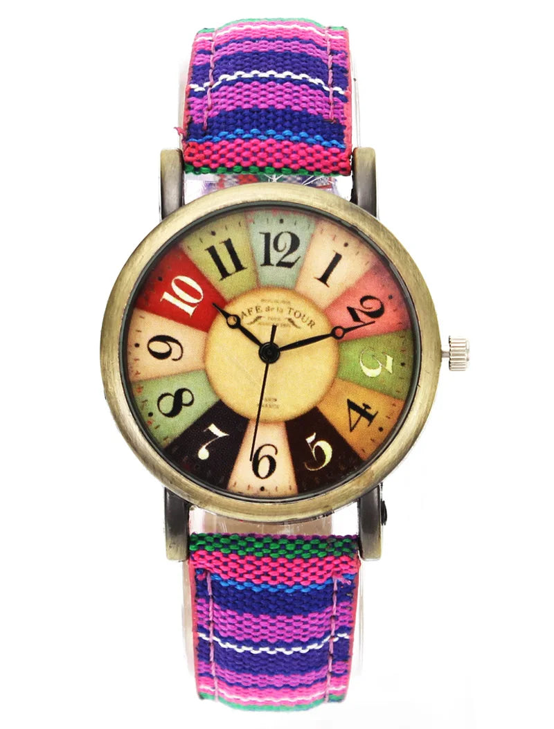 Colorful watch with a multicolored strap on a white background