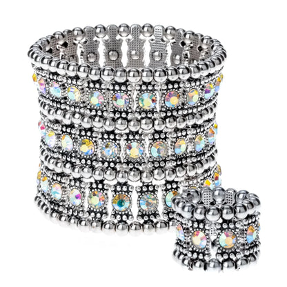 Crystal Multilayer Stretch Bracelet & Ring Set – Wedding Bridal Jewelry for Women