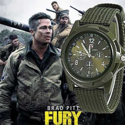 Watch with military design and 'Fury' movie poster featuring Brad Pitt