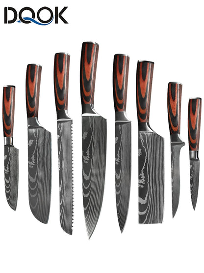 Chef Knife Set – Laser Damascus Pattern Japanese Santoku, Cleaver & Utility Knives (1-10pcs)