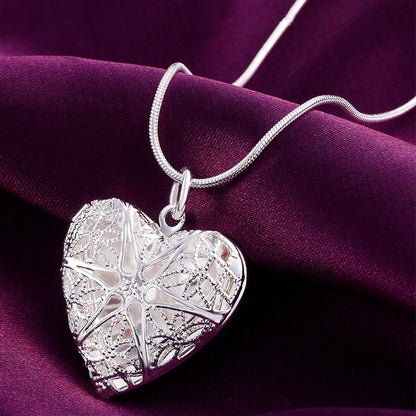 925 Sterling Silver Photo Frame Heart Pendant Necklace – Snake Chain for Women