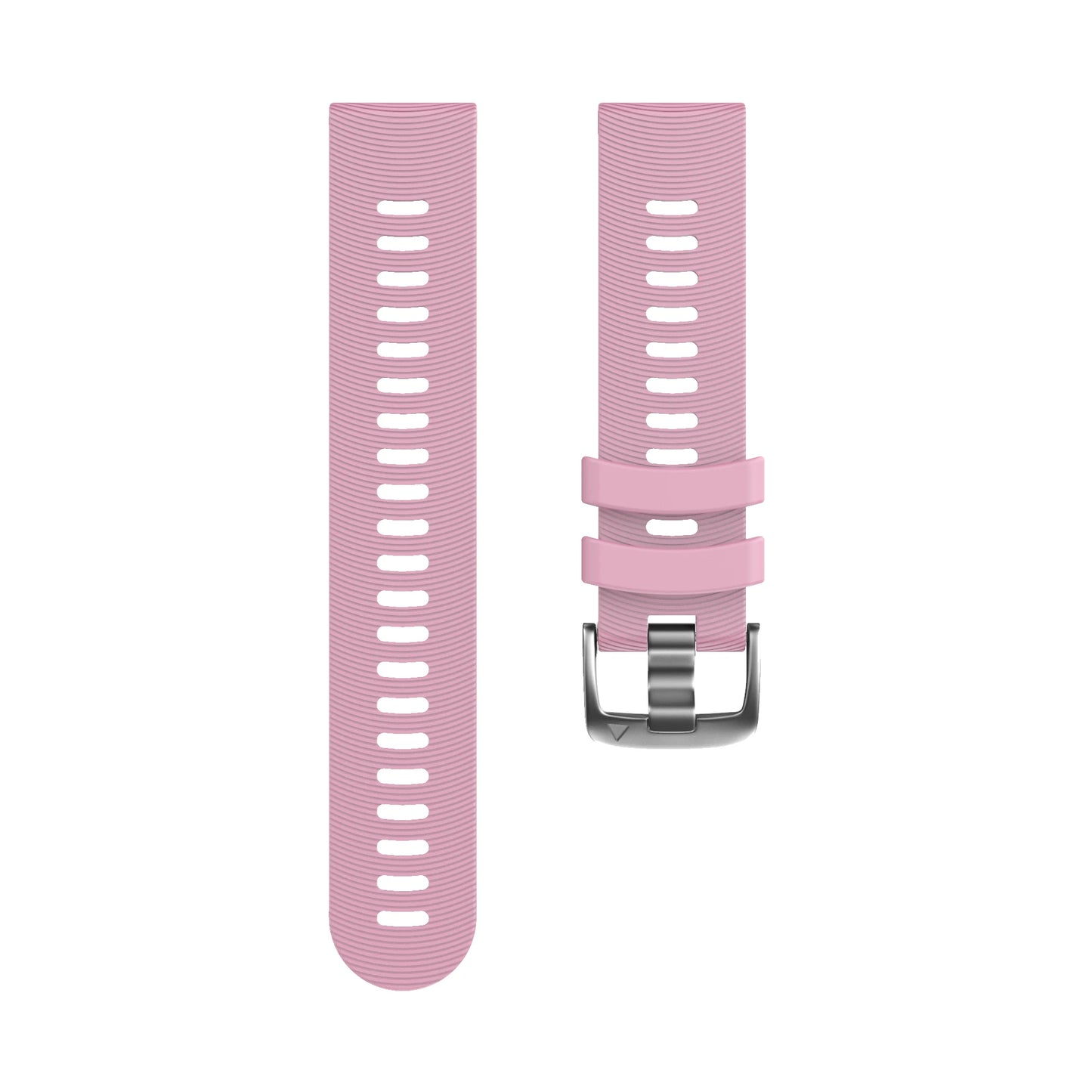 Pink watch strap with silver buckle on a white background