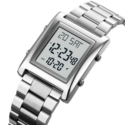 Silver digital watch with a metal strap on a white background