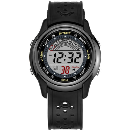 Digital watch with black strap on a white background