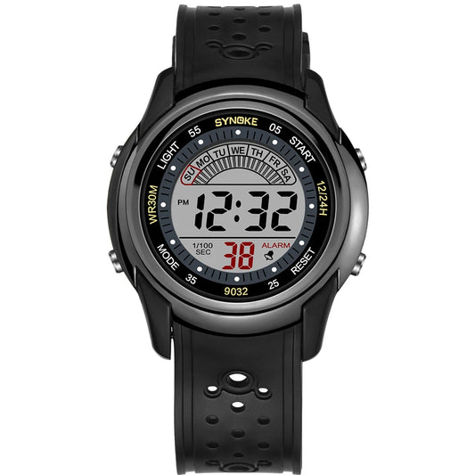 Digital watch with black strap on a white background