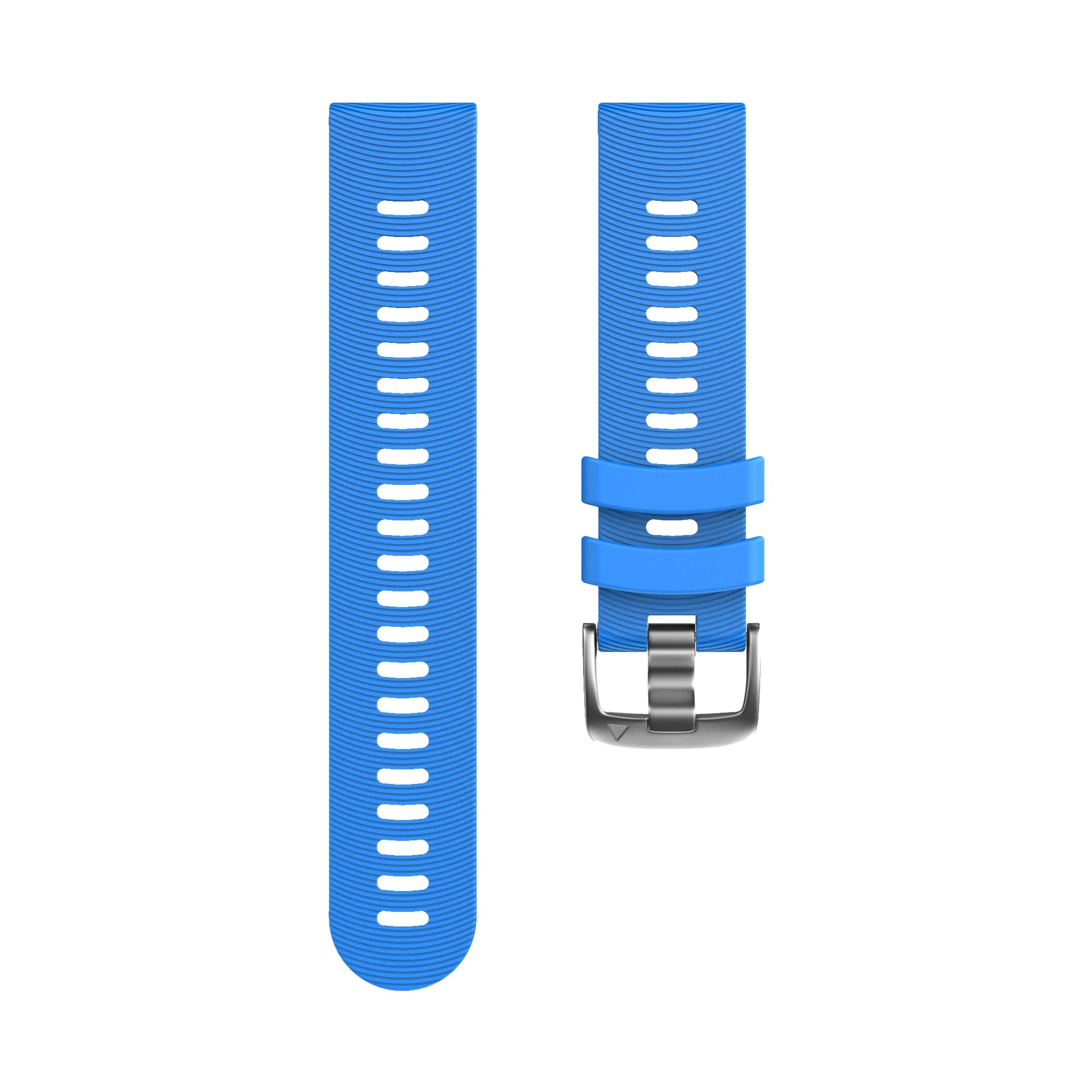 Blue watch strap with metal buckle on a white background